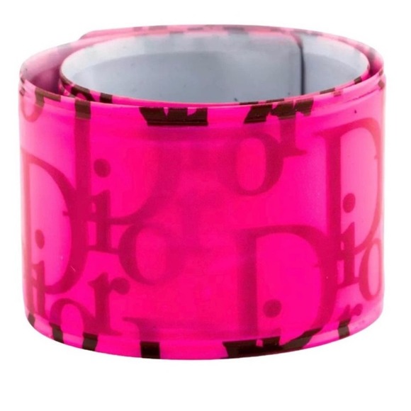 VTG Y2k Christian Dior Neon Pink Holographic Logo Slap Cuff Wrap Bracelet - Picture 1 of 16